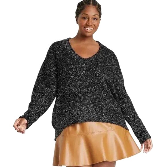 NWT Ava & Viv Black Sweater Silver Glisten V Neck Holiday Soft Size 2X - Picture 1 of 7